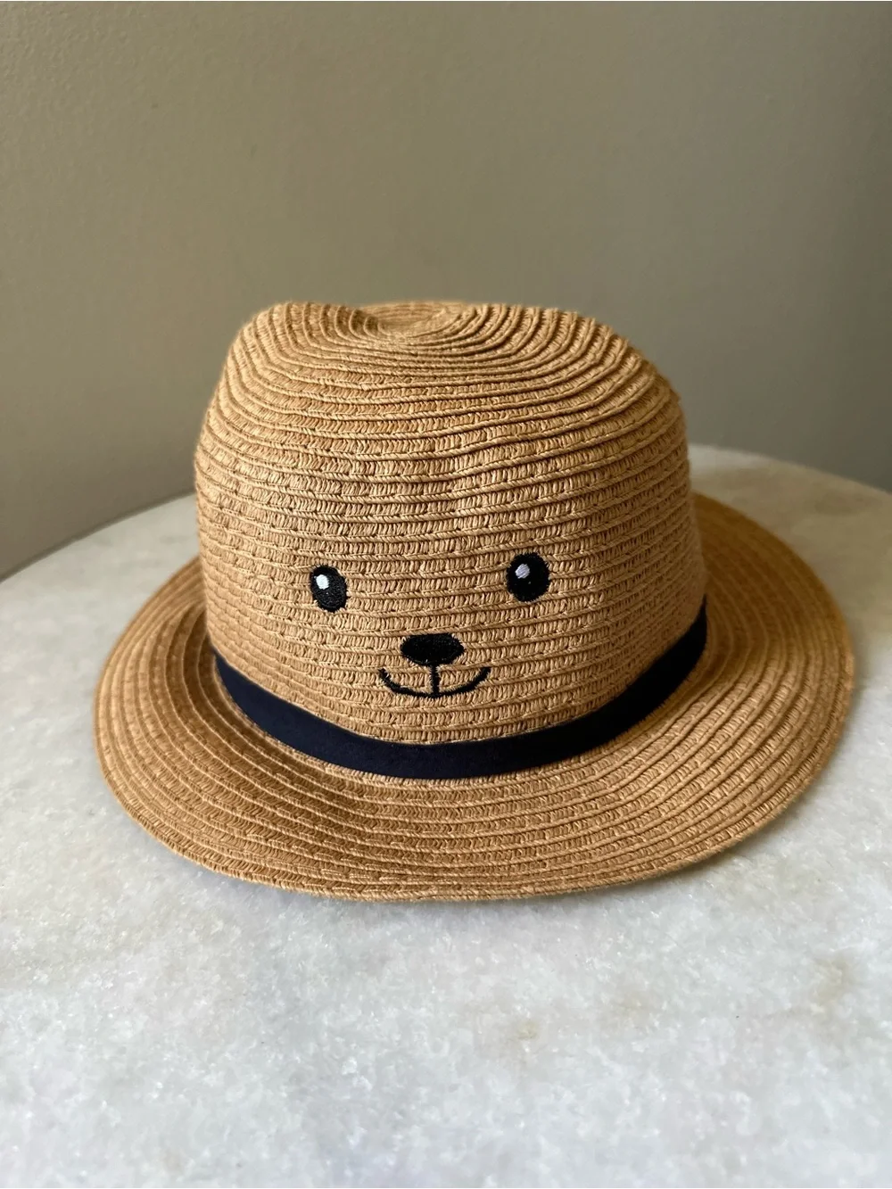 The Children's Place Baby Boy Bear Straw Sun Hat Black Band Sz 6-12 Mos NWT